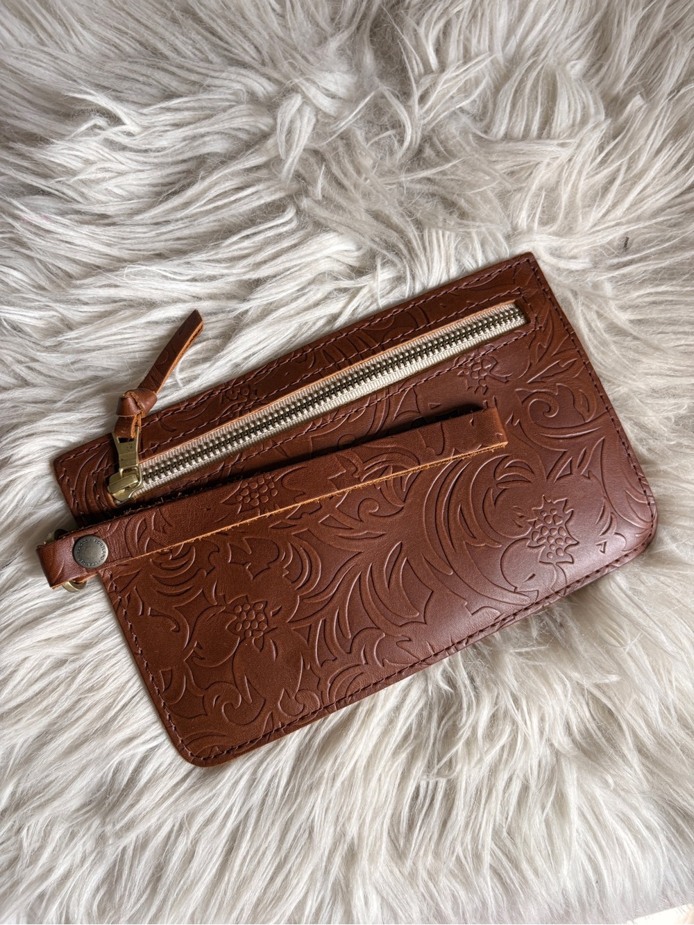Portland Leather Brown Meadow Embossed Leather Wristlet Clutch